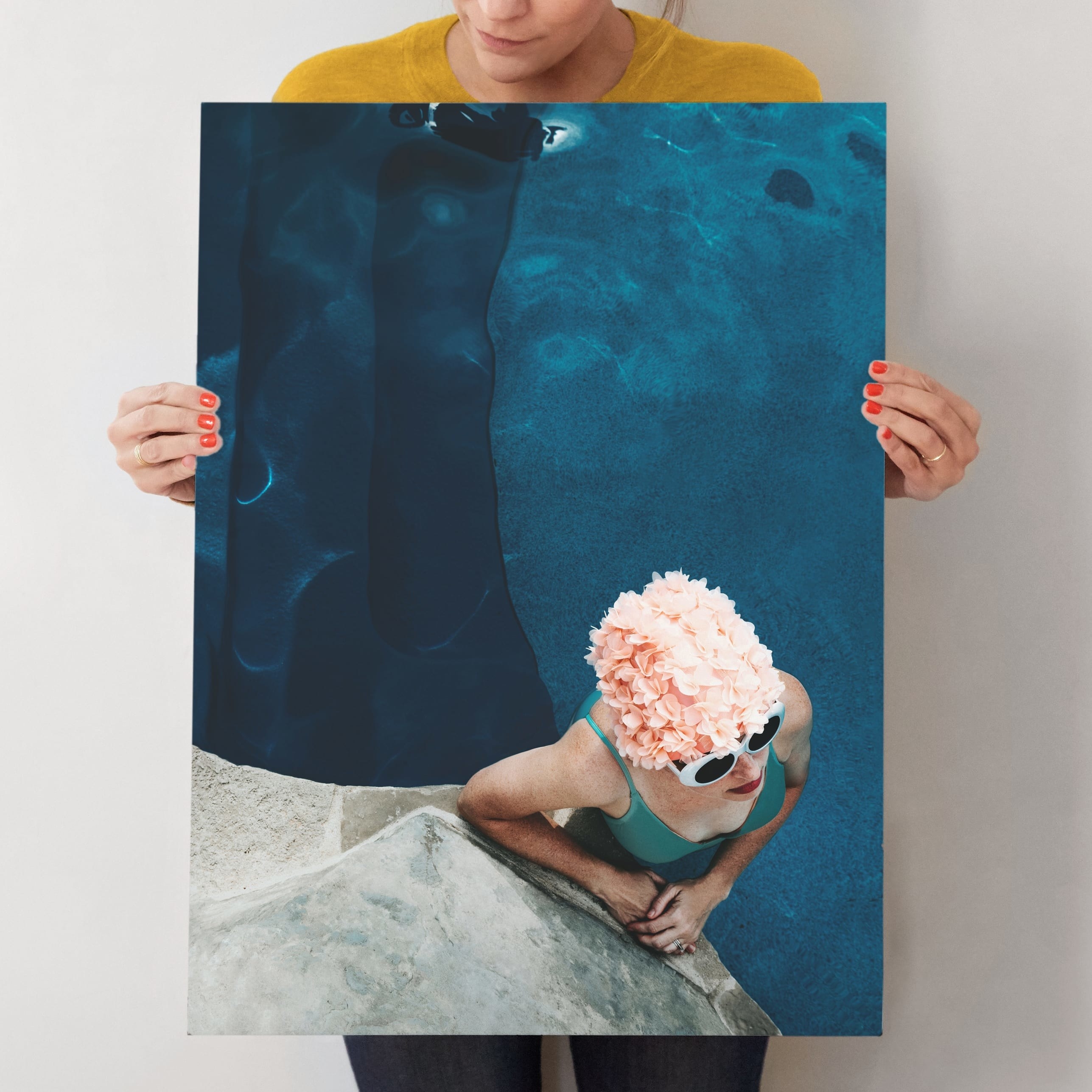 an art print of a woman in a pink flowery swim cap in a pool