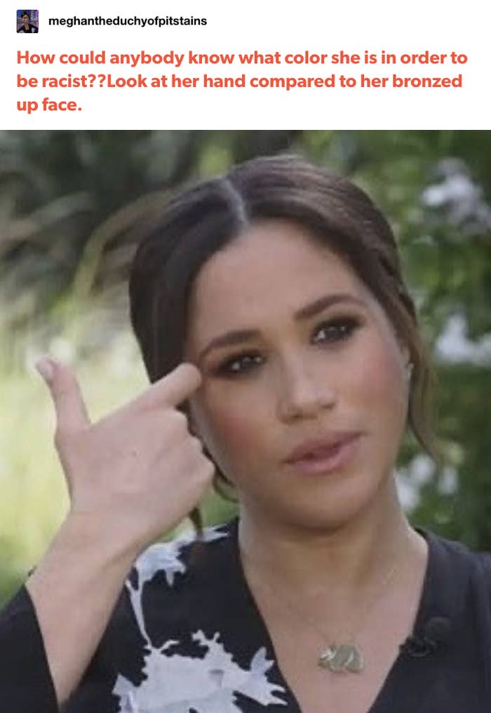 A Tumblr account mocking Meghan Markle&#x27;s race from her recent interview with Oprah, which reads: &quot;How could anybody know what color she is in order to be racist?? Look at her hand compared to her bronzed up face&quot;