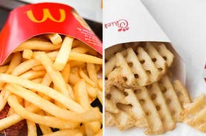 McDonald's string fries next to a Chick-fil-a waffle fries