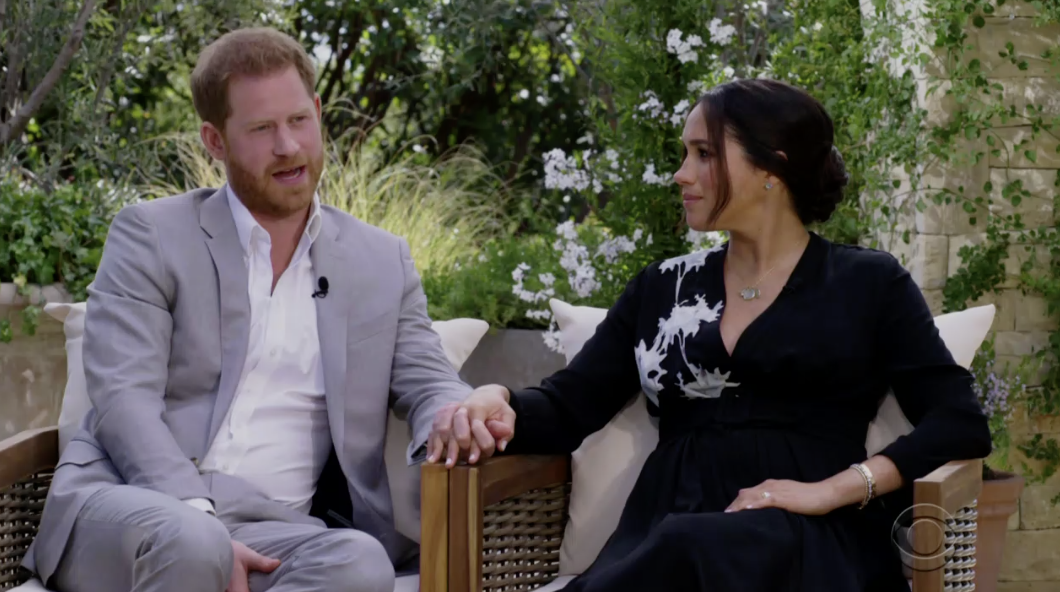 Harry and Meghan holding hands during the interview