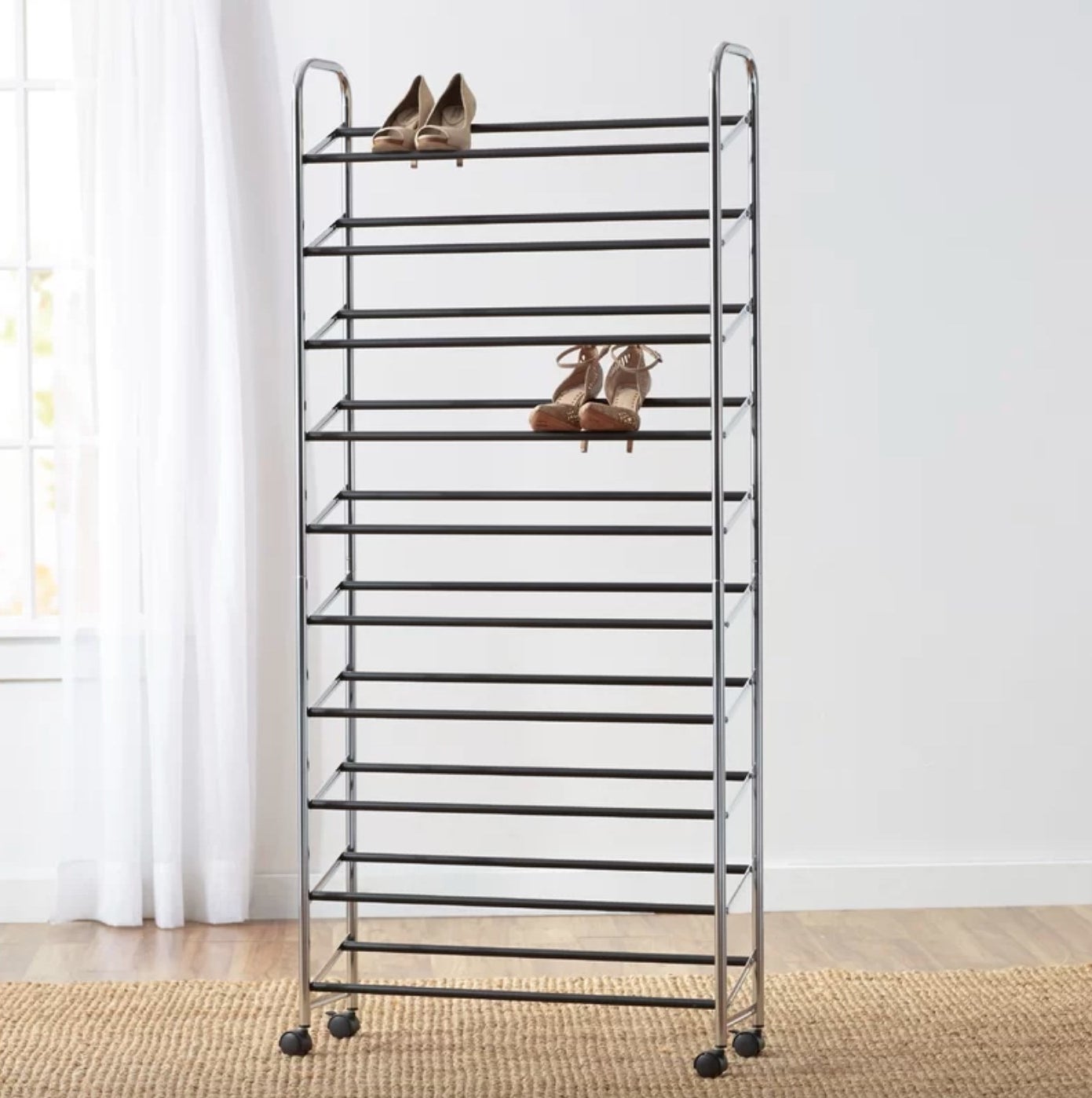 A 50 pair rolling shoe rack