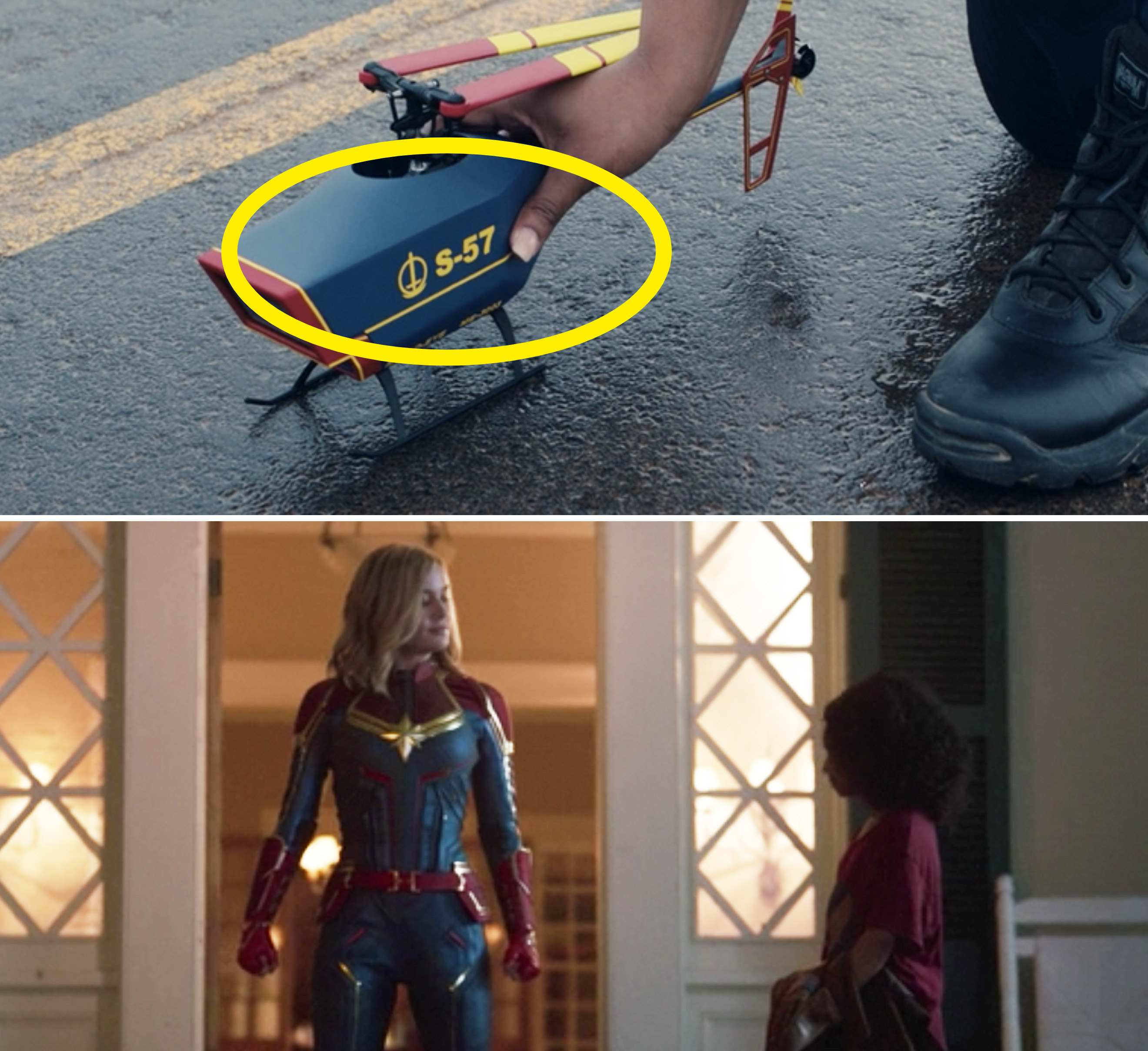 The red, blue, and yellow drone vs. Captain Marvel&#x27;s red, blue, and yellow suit in &quot;Captain Marvel&quot;