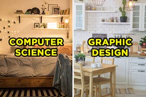 On the left, a cozy bedroom with fairy lights, shelves, and a bed pressed against the wall labeled "compute science," and on the right, a bright kitchen with a brick backsplash, a wooden table, and shelves labeled "graphic design"
