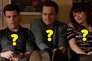 Question marks over Schmidt, Nick, and Jess from "New Girl"