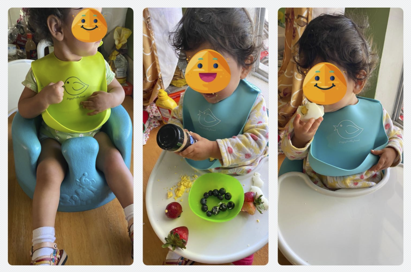 three photos of the same baby eating different foods while wearing the blue and the green silicone bibs