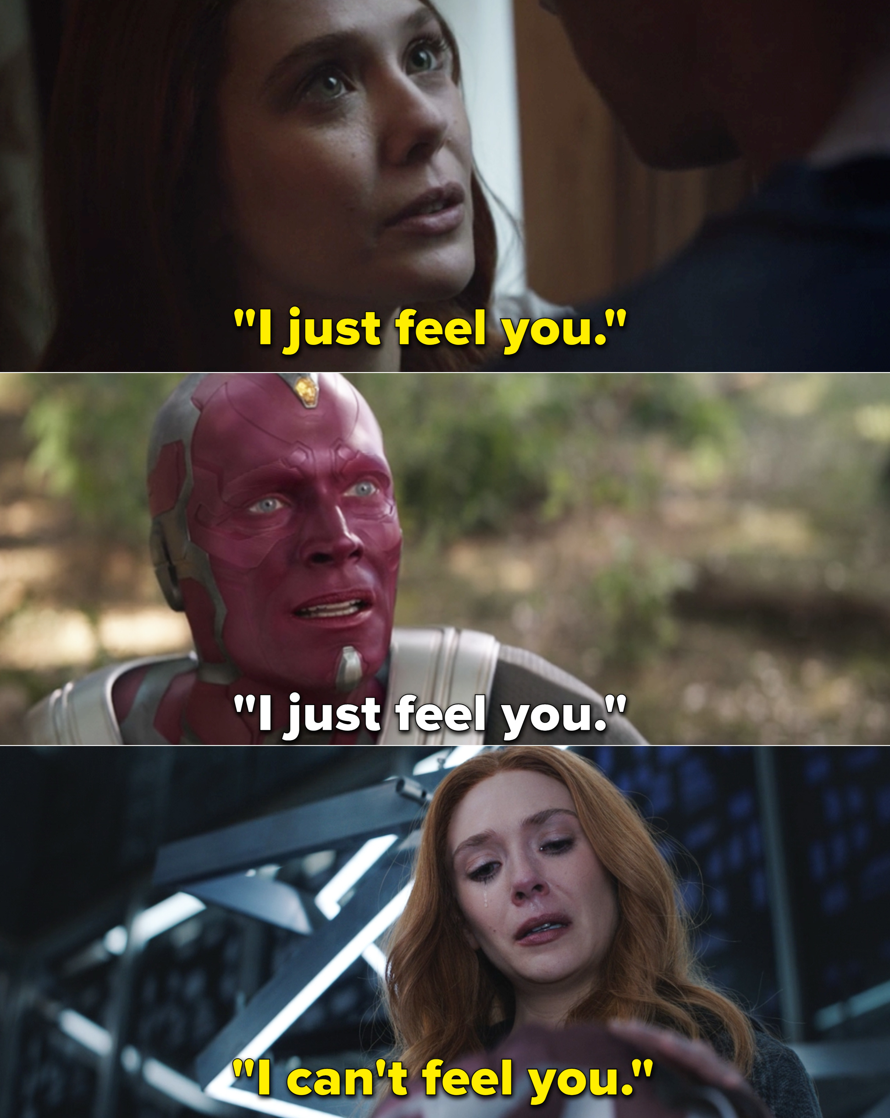 Wanda and Vision saying, &quot;I just feel you&quot; in Infinity War vs. Wanda saying, &quot;I can&#x27;t feel you&quot;