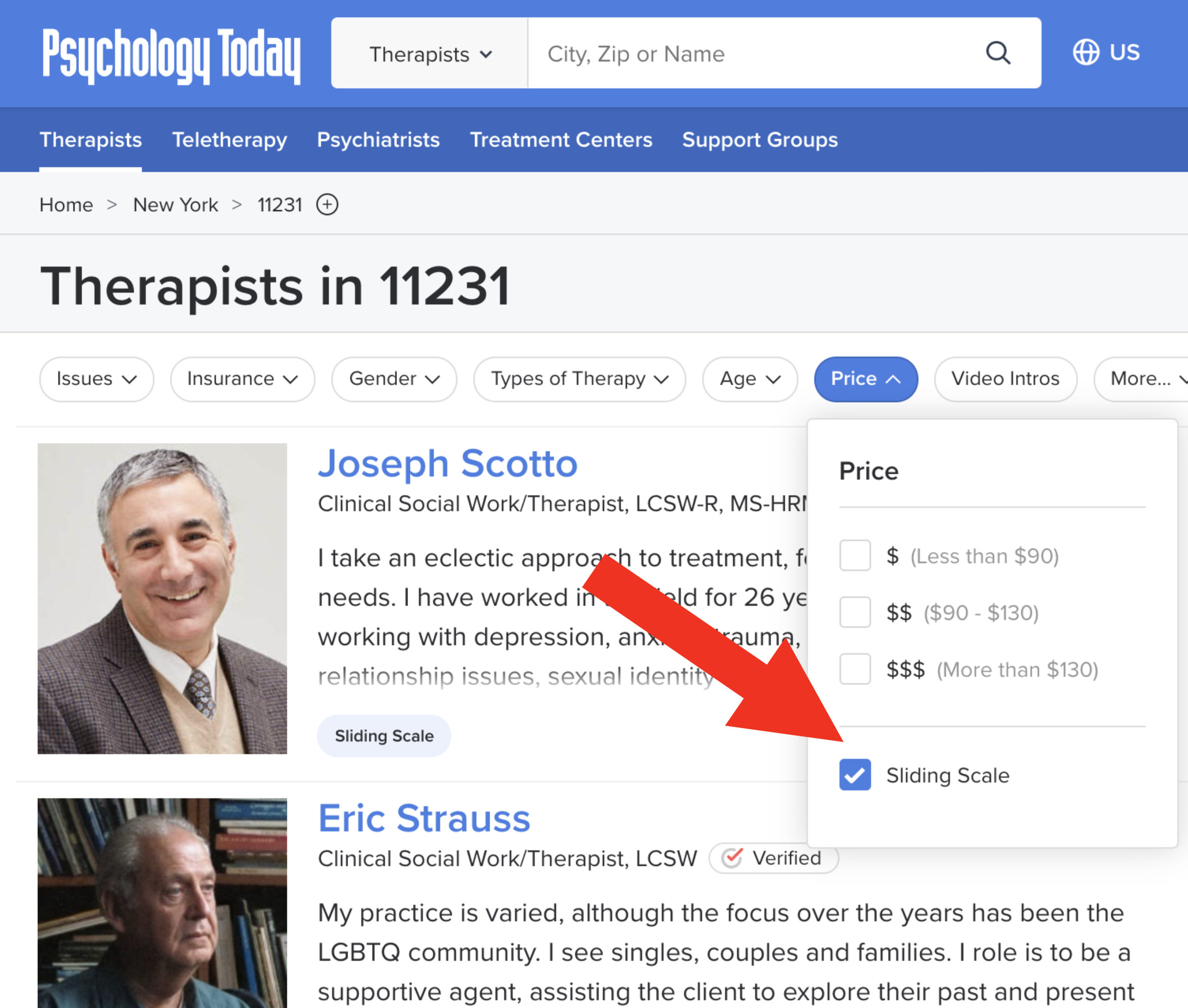 Screenshot of Psychology Today website showing sliding scale therapists in New York