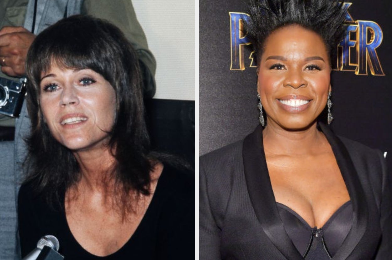 Jane Fonda at a press conference in the 1970s; Leslie Jones on the red carpet at the "Black Panther" premiere