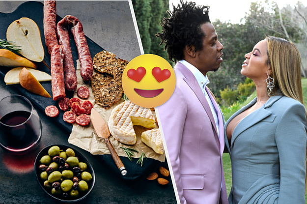 A Charcuterie board is on the left with a heart eye emoji and Beyonce and Jay Z facing each other on the right