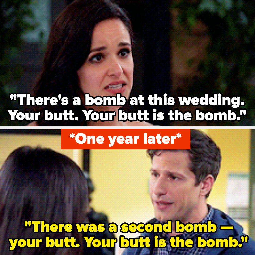 Amy at wedding tells Jake his butt is the bomb, a year later Jake tells Amy her butt is the bomb