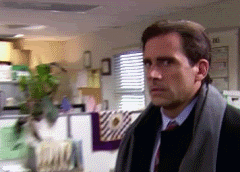 Michael Scott looking into the camera very confused