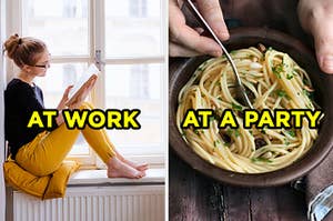 On the left, someone sitting in a windowsill reading a book labeled "at work," and on the right, someone twisting a fork in a bowl of pasta labeled "at a party"