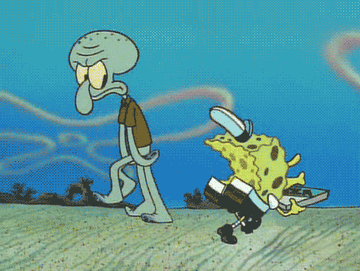 moving image of animated sponge walking backward holding a pizza box while an animated squid walks in front of him, brows furrowed as if annoyed
