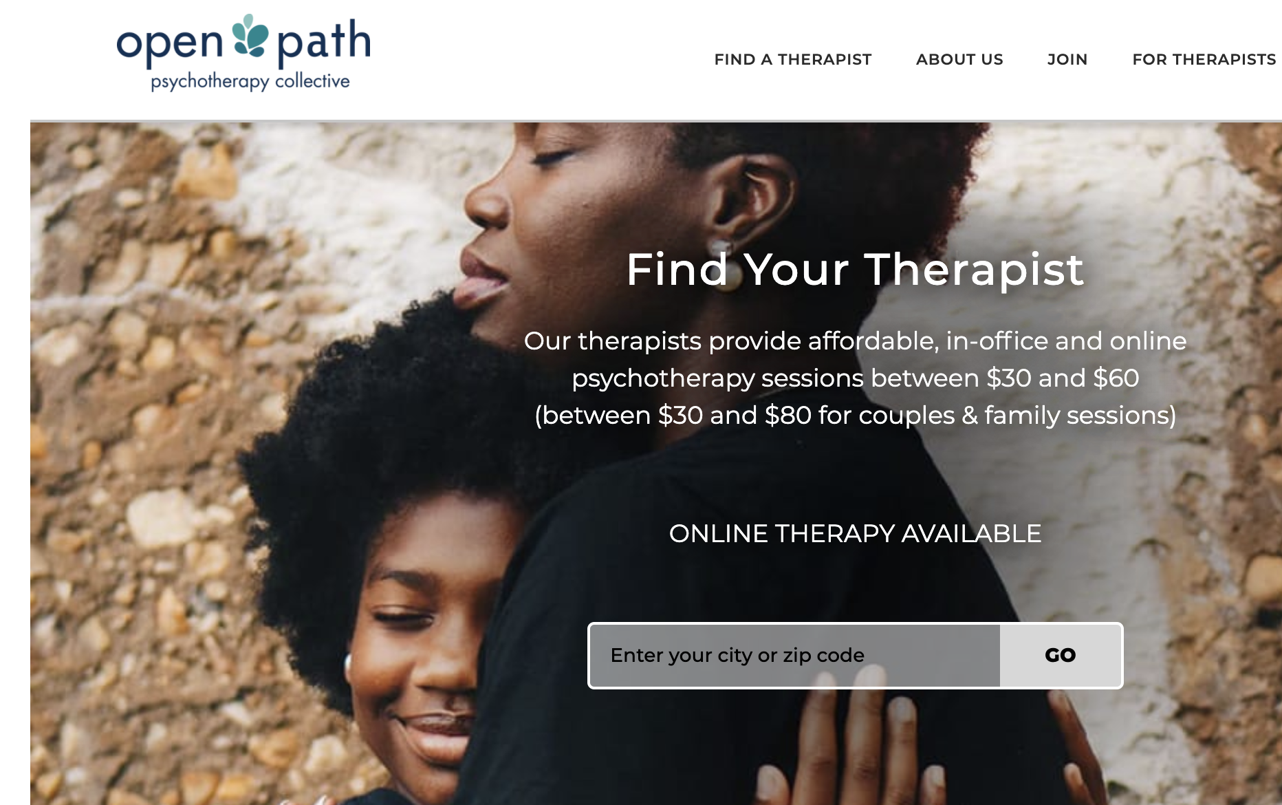 Screenshot of the &quot;find your therapist&quot; page on Open Path Collective