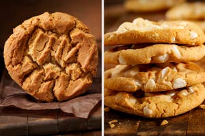 A peanut butter cookie and white chocolate macademia nut cookies