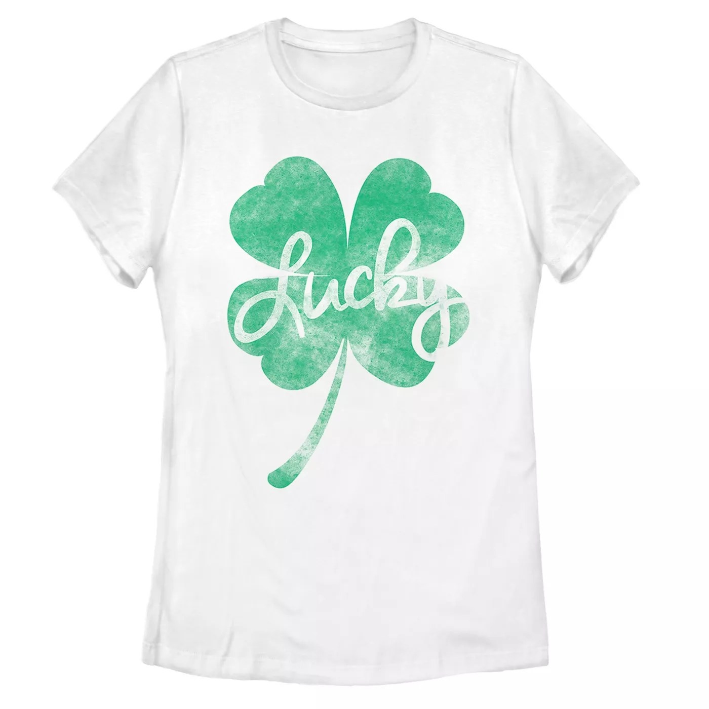 A white shirt with a shamrock on it and the word lucky