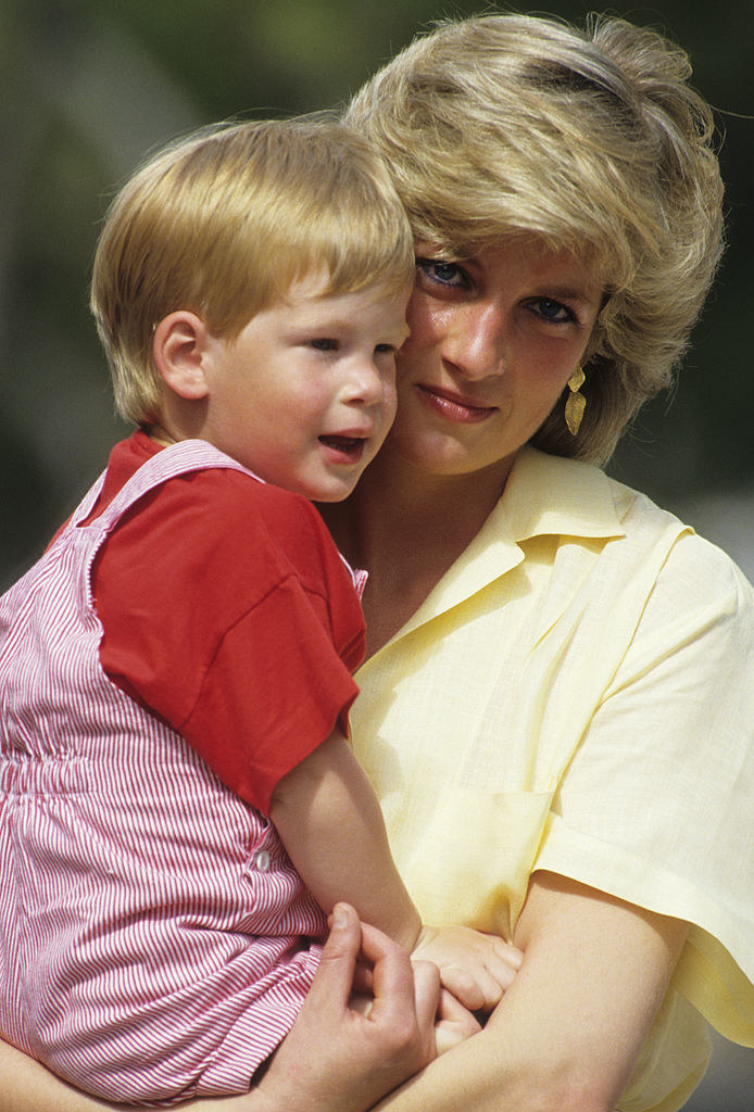 Princess Diana holding Harry in her arms when he was a toddler