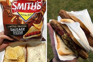 A bag of "Sausage Sizzle" chips held over the top of a chip sandwich next to two sausages in white bread with onions and tomato sauce
