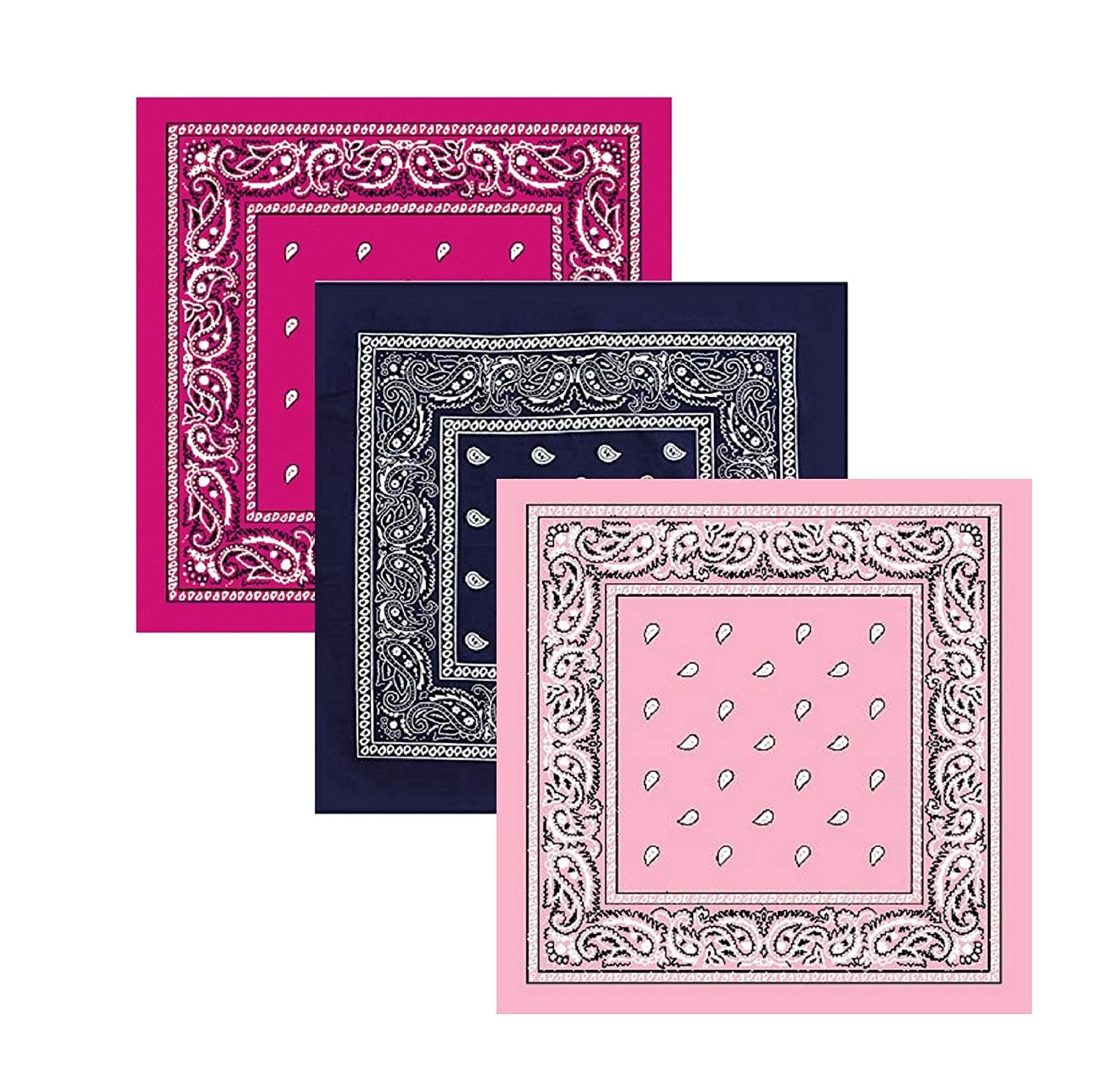Three bandanas in the colours bright pink, navy blue and pale pink.
