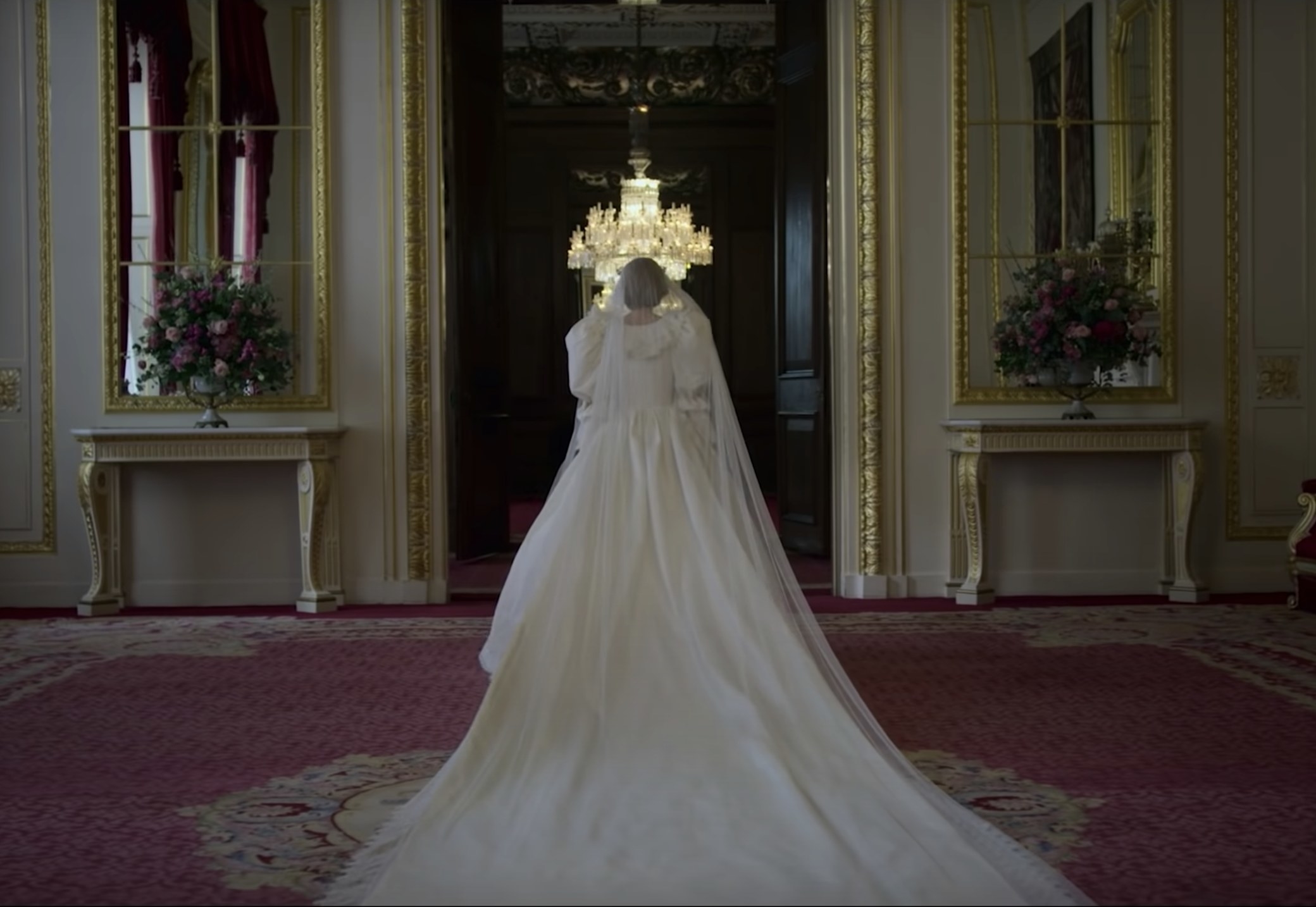 The back view of Princess Diana&#x27;s wedding gown on the The Crown