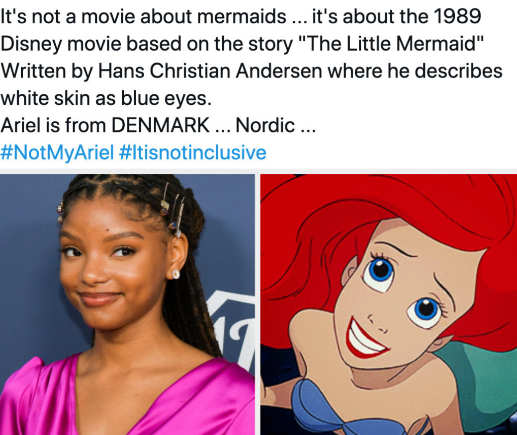 A tweet insulting Halle Bailey’s casting as Ariel in “The Little Mermaid” live action remake; Halle Bailey on a 2019 red carpet; Ariel from “The Little Mermaid” (1989)