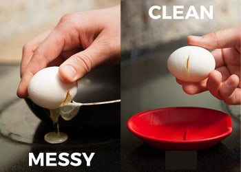 before and after photo of messy egg on left and clean egg on right 