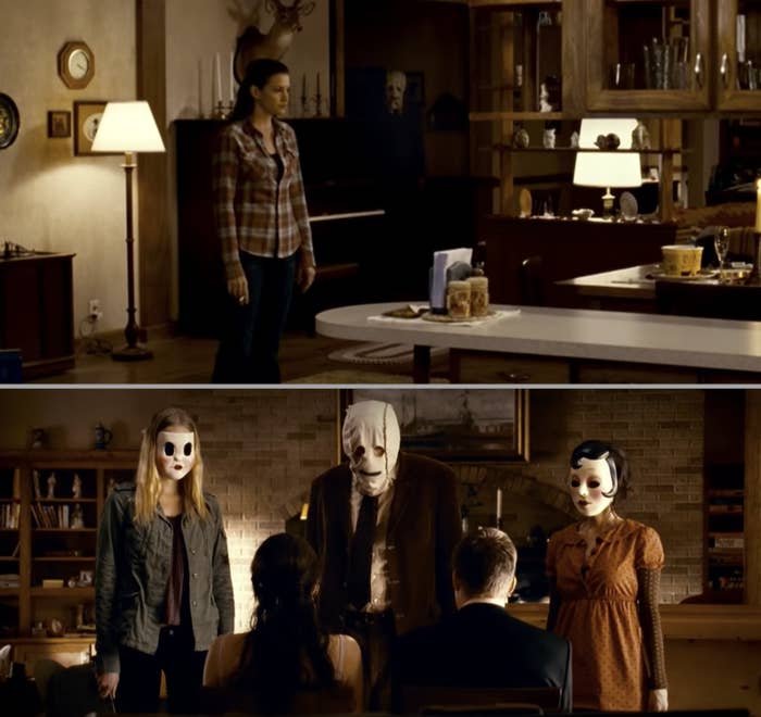 Three people in masks tying up two unsuspecting people in a cabin in &quot;The Strangers&quot;