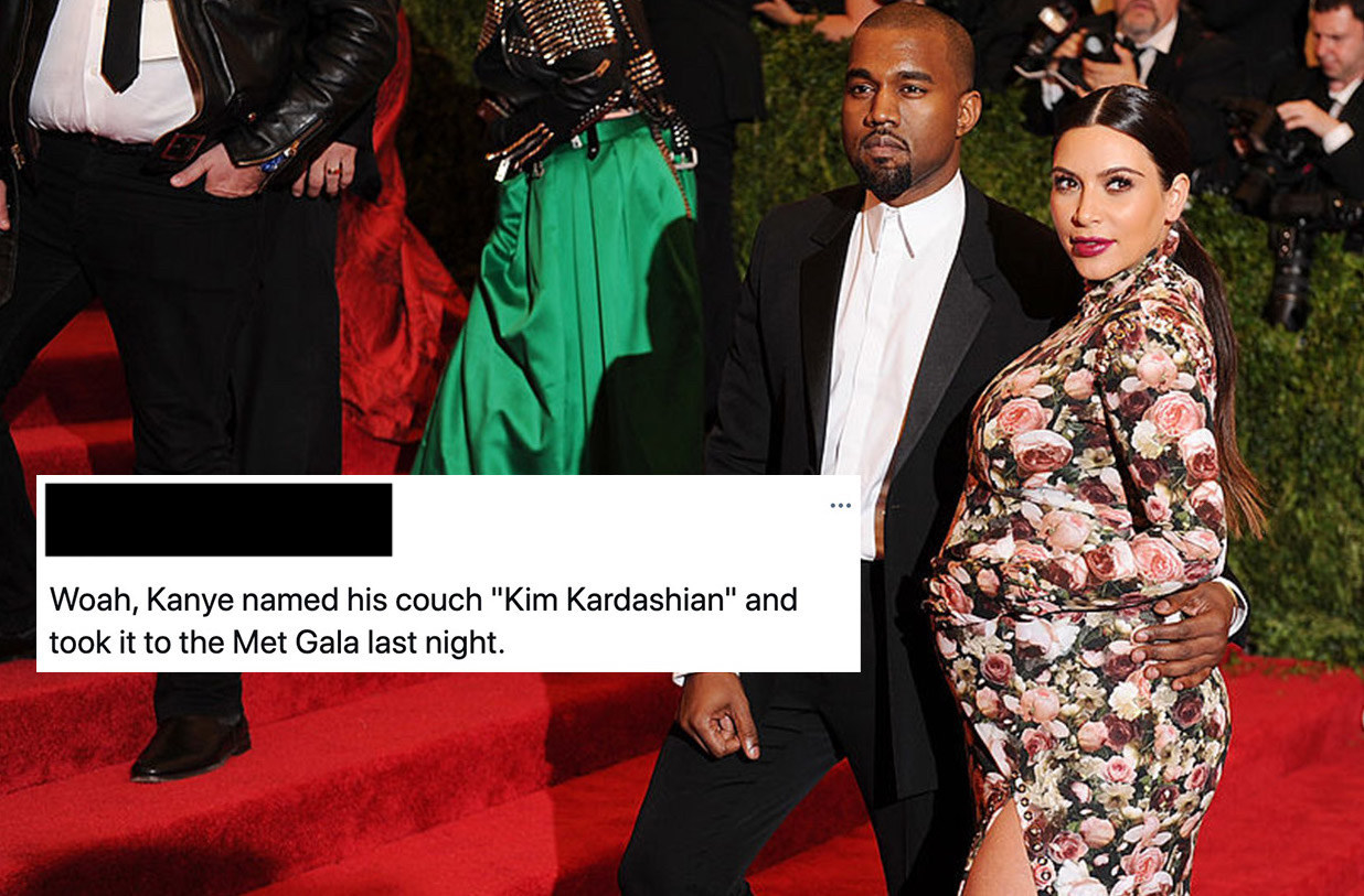 Kim Kardashian and Kanye West at the 2013 Met Gala; a Twitter user insulting Kim Kardashian&#x27;s look while pregnant, saying: &quot;Kanye named his couch &#x27;Kim Kardashian&#x27; and took it to the Met Gala last night&quot;