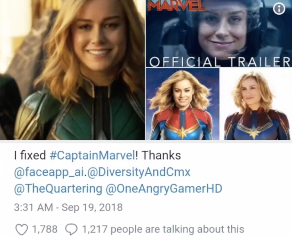 A tweet of multiple photoshopped pictures of Brie Larson’s Marvel character, Carol Danvers, smiling