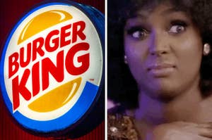 Burger King sign and a reaction image of a shocked and disturbed woman