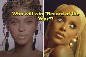 Beyonce is on the left with Doja Cat on the right labeled, "Which will win "Record of the Year?"