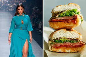 On the left, Ashley Graham walking down the runway in a long gown, and on the right, two halves of an Italian sub stacked on top of each other
