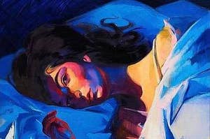 An art deco painting of Lorde falling asleep in bed
