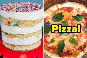 Layered cake next to pizza that says "pizza"