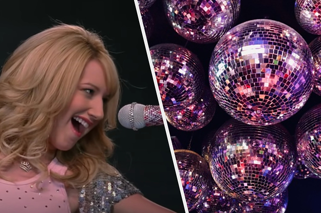Sharpay is on the left singing into a mic with disco balls on the right