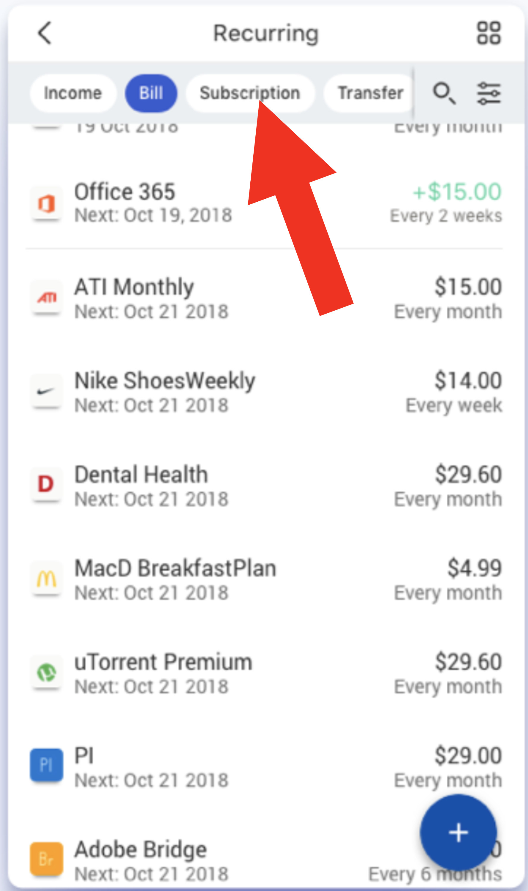 Screenshot of recurring bills and subscriptions in the Simplifi app