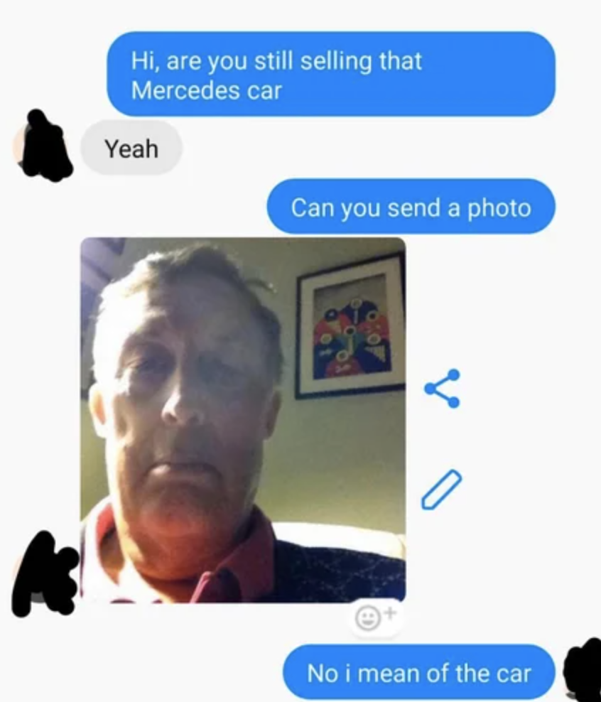 text where someone asks for a picture and the guy sends a selfie but they meant picture of a car