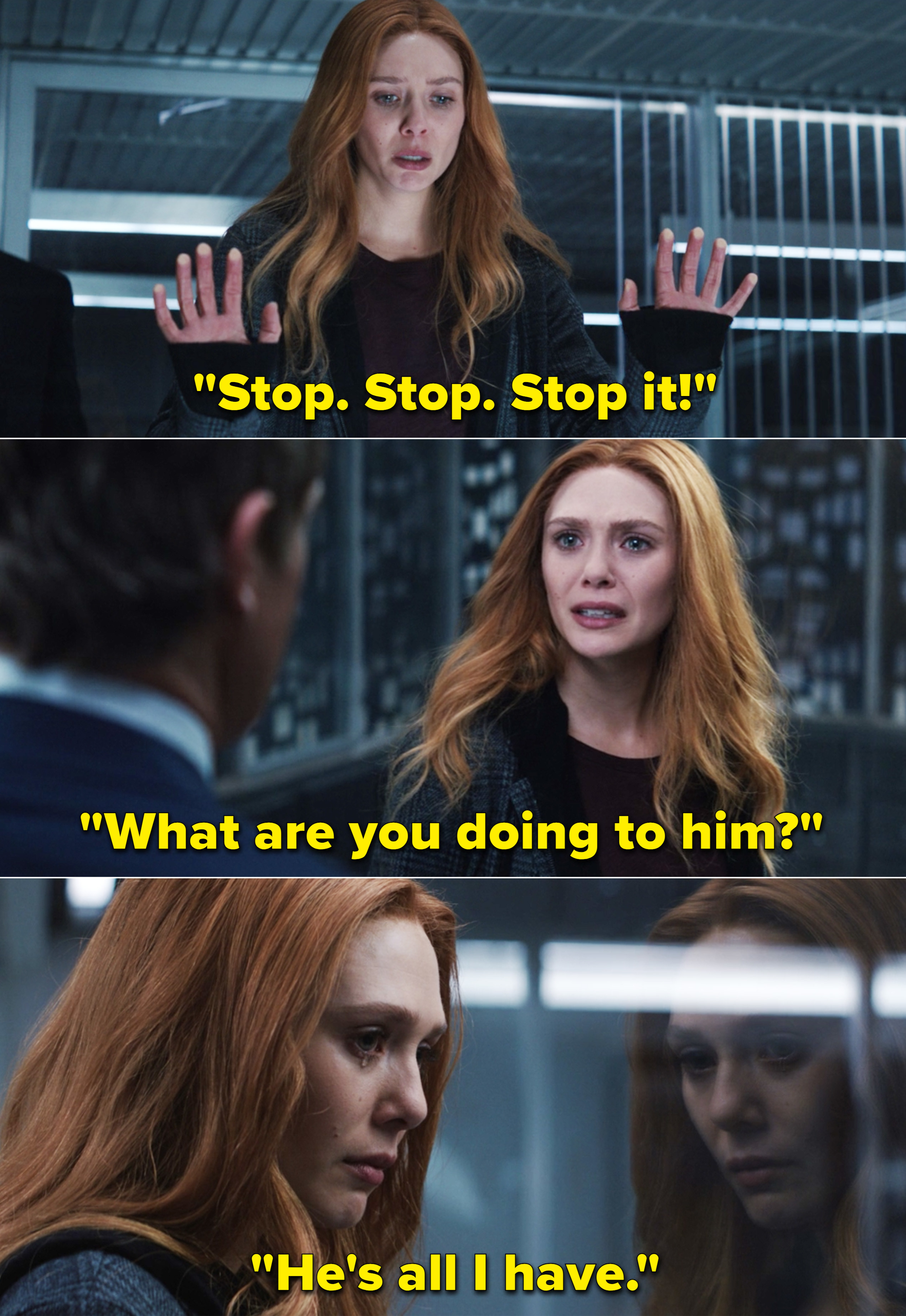 Wanda crying and saying, &quot;Stop. Stop. Stop it! What are you doing to him? He&#x27;s all I have&quot;