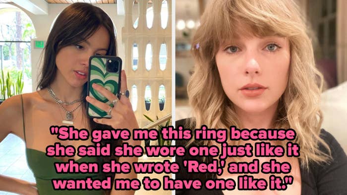 A picture of Olivia Rodrigo and Taylor Swift from their Instagram accounts, with a block of text reading: &quot;She gave me this ring because she wore on like it when writing &#x27;Red.&#x27;