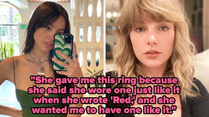 A picture of Olivia Rodrigo and Taylor Swift from their Instagram accounts, with a block of text reading: "She gave me this ring because she wore on like it when writing 'Red.'