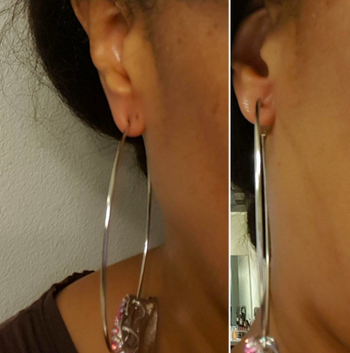 Reviewer with large hoop earring pulling at their earlobe before use and sitting upright and in the center after adding the adjuster 