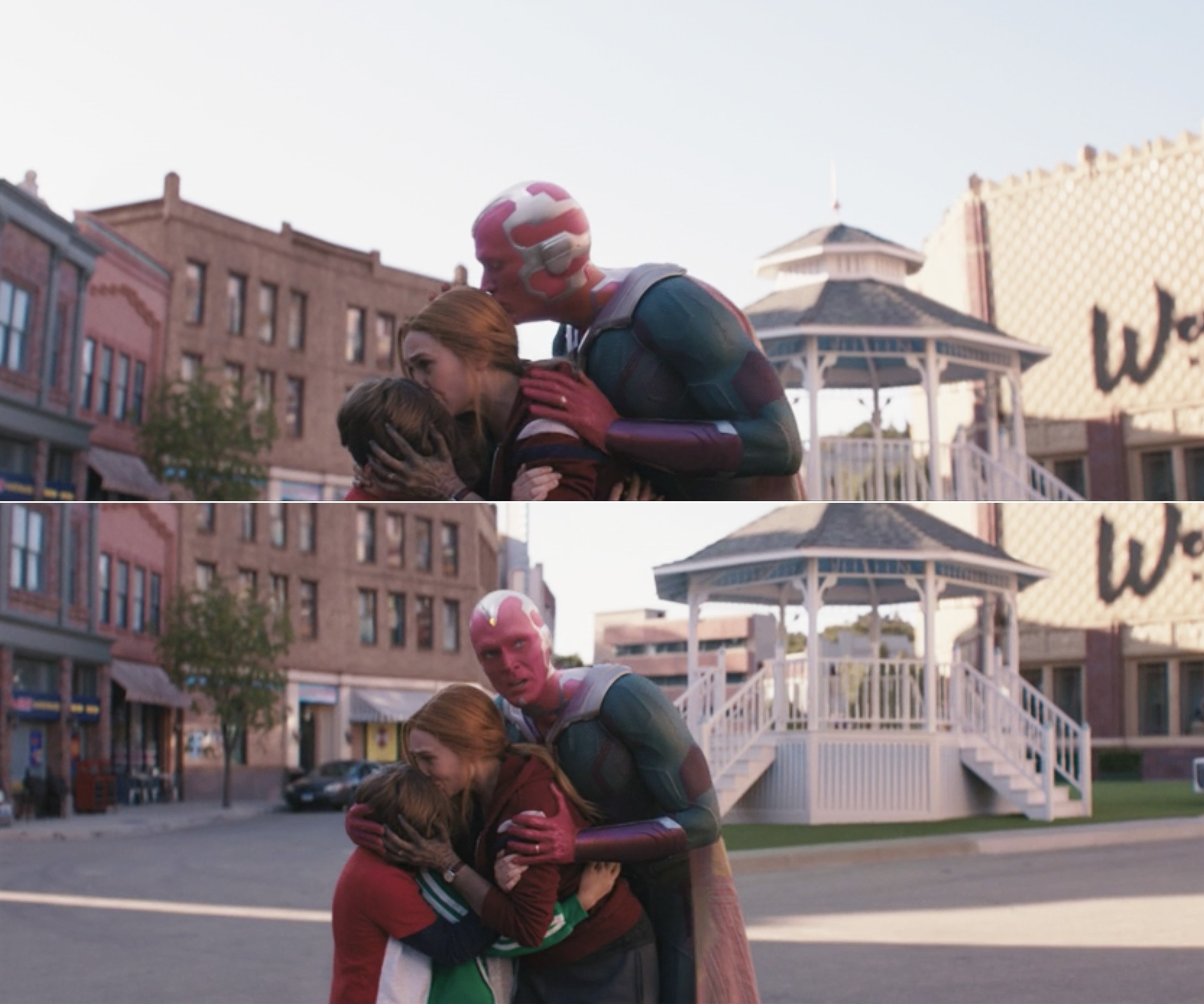 Wanda, Vision, Billy, and Tommy hugging and Wanda kissing their heads