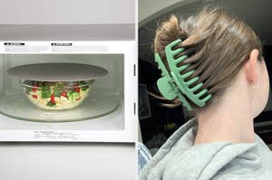 on left, gray lid on microwave-safe bowl. on right, reviewer wears giant green clip in hair