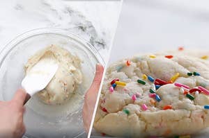 Someone making cookie mix and then the cookies with sprinkles on it