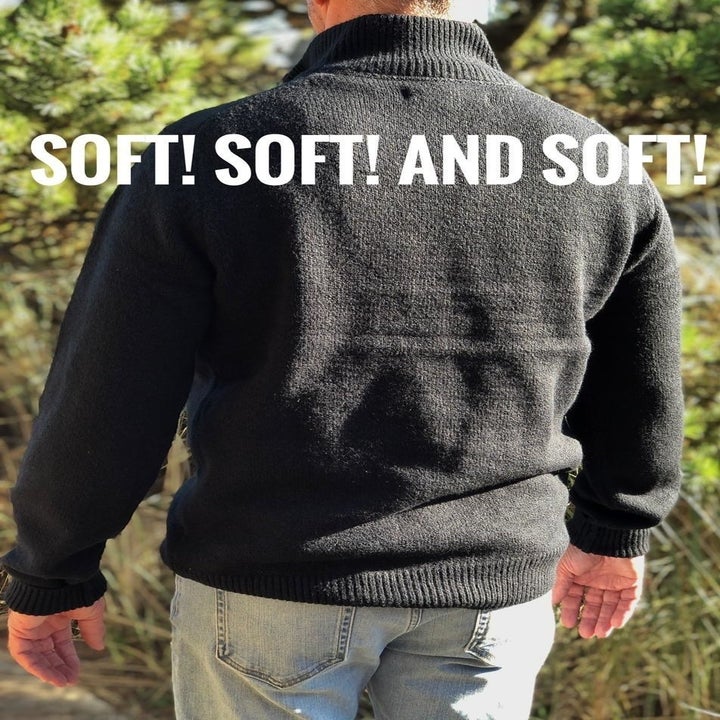 same reviewer wearing quarter-zip sweater in charcoal