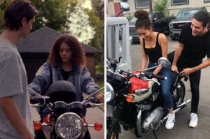 side by side of Ginny and Marcus on motorcycle on the show and in real life
