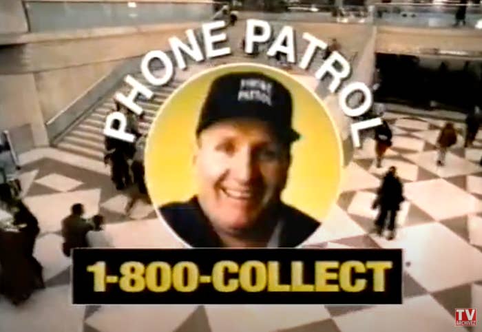 A screen shot of Ed O&#x27;Neill&#x27;s face inside of a logo with Phone Patrol and 1-800-Collect written around him