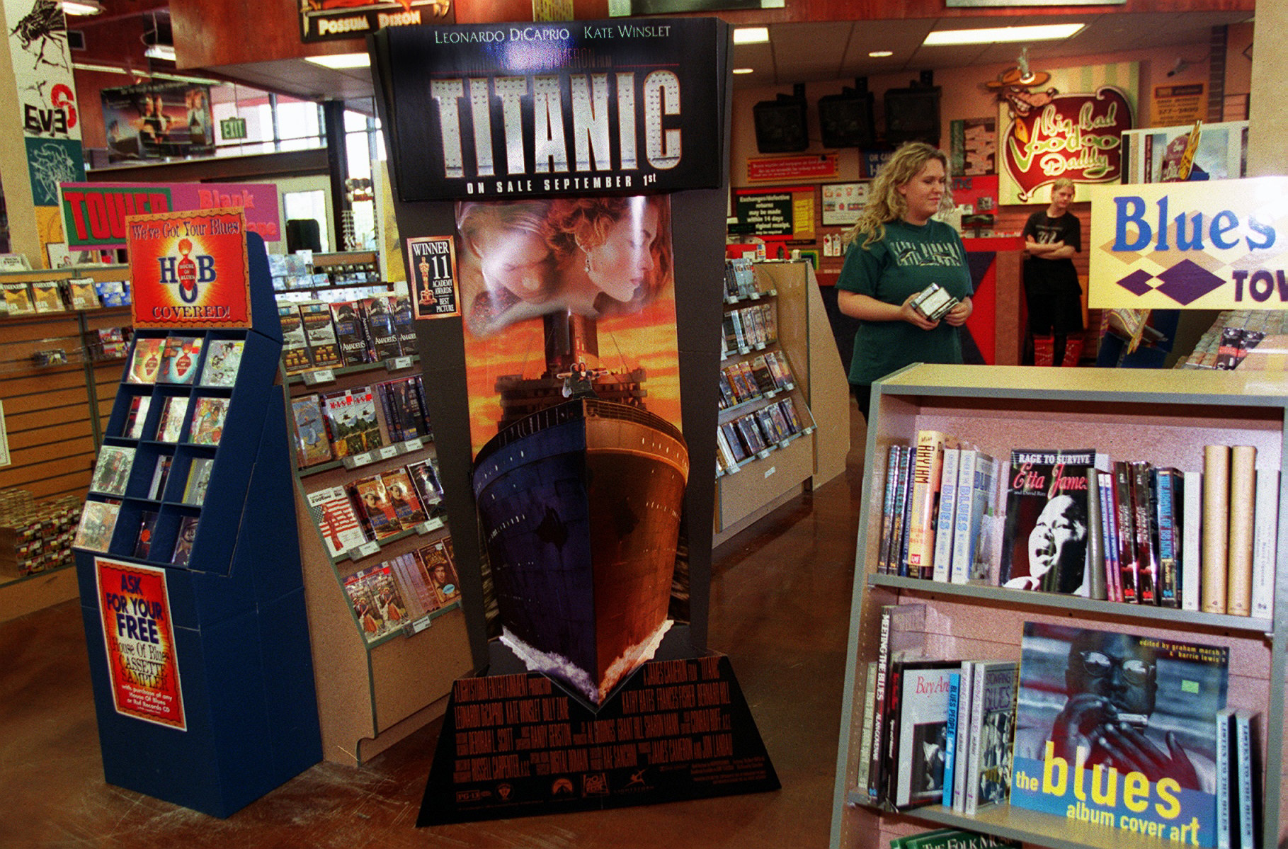 Titanic video promotional cutout inside of a Tower Record 