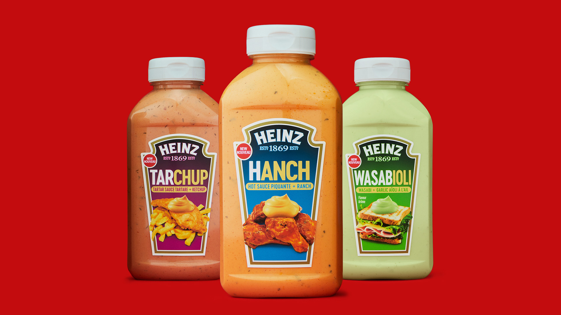 An image of 3 Heinz sauce bottles with a red backdrop. 