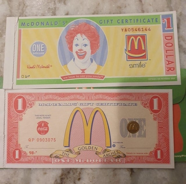 Two different one dollar McDonald&#x27;s gift certificate 